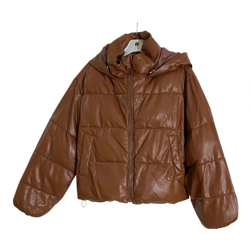 OOF Faux Leather Puffer Jacket Coat with Hood Brown Size IT 42 / US 6